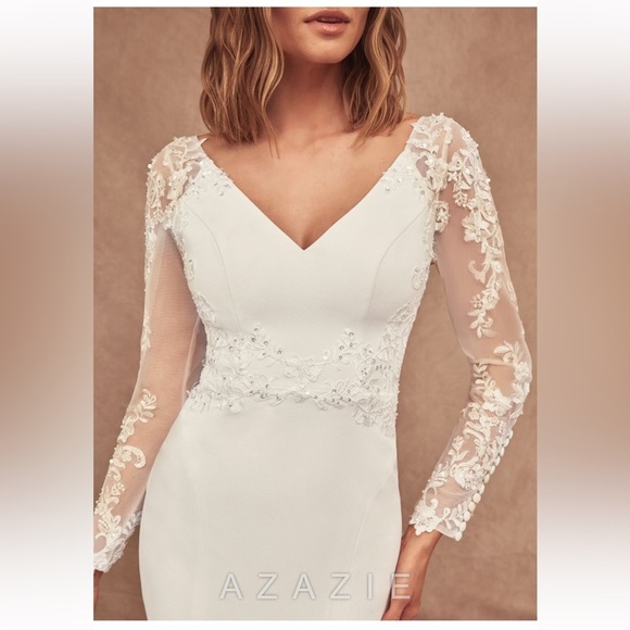 Azazie MISTIE Diamond White Mermaid V-Neck Sequins Crepe wedding Dress - Picture 4 of 12